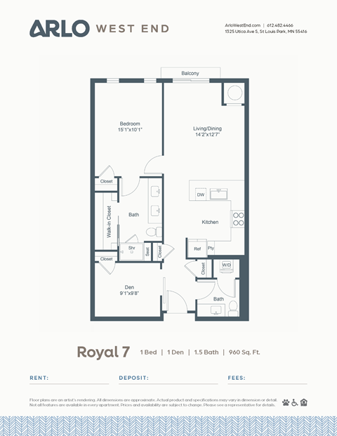 Floor plan for 1 bed, 1.5 baths, 960 sqft